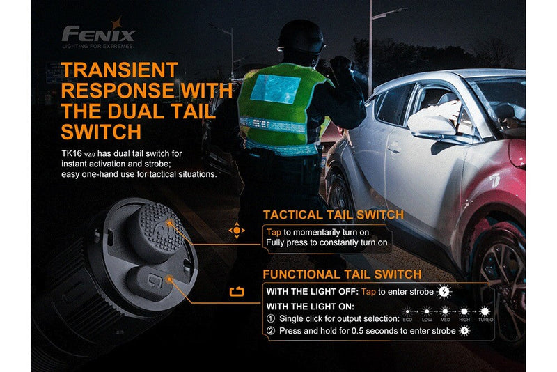 Fenix TK16 V2 LED Flashlight with a Transient Response Including the Dual Tail Switch for Easy one hand and Tactical Situations 