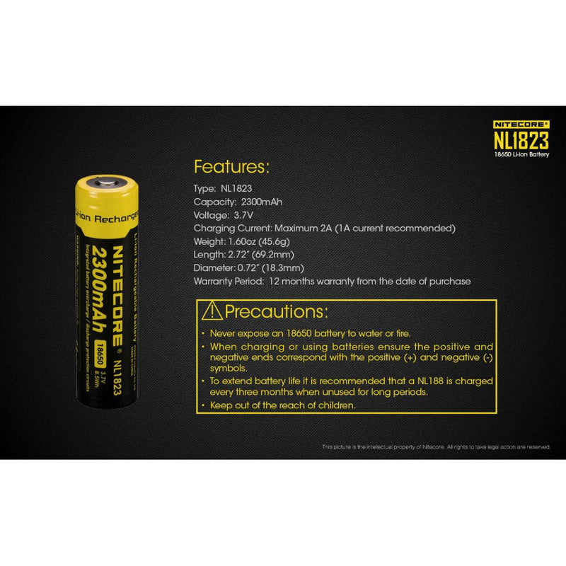 Nitecore NL1823 2300mAH Li-ion 18650 Rechargeable Battery - Mars Gear