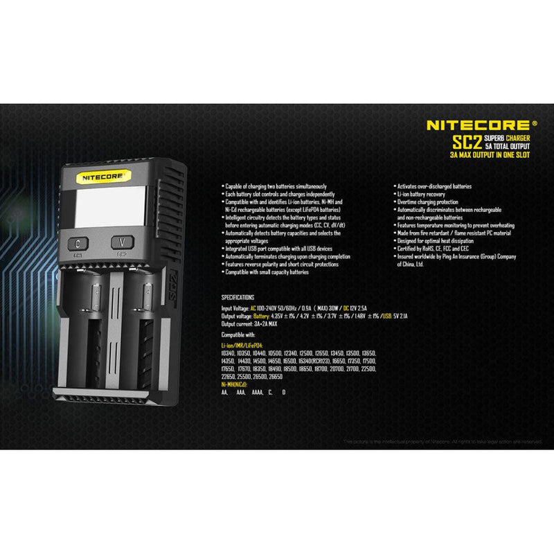 Nitecore SC2 SUPERB Digital 3A Smart Fast Charger - Mars Gear